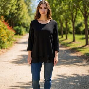 Chico’s Sweater Tee NWT Women's Size 3 (XL) Black Scoop Neck Lace Hem 570379579